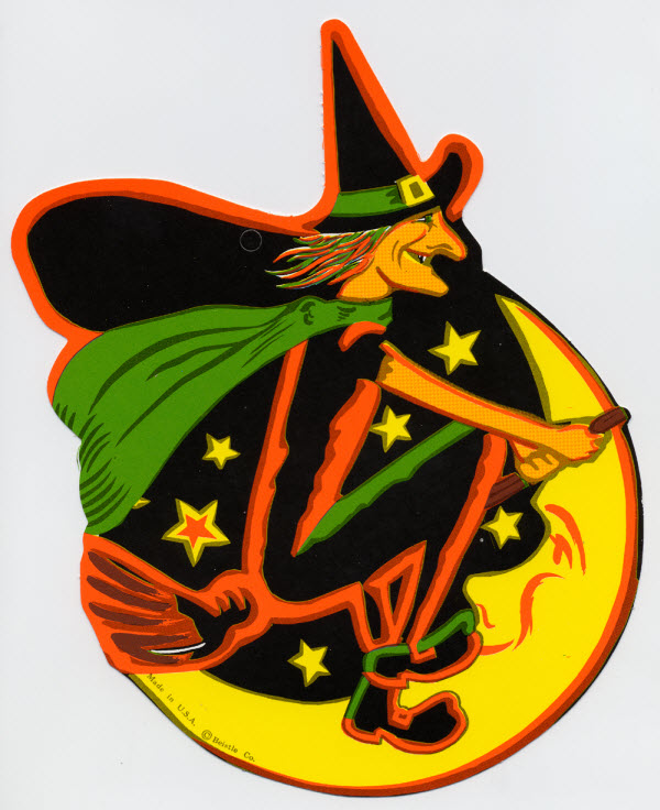 Witch on a broomstick in front of the moon - (Vintage Beistle Halloween Decoration)