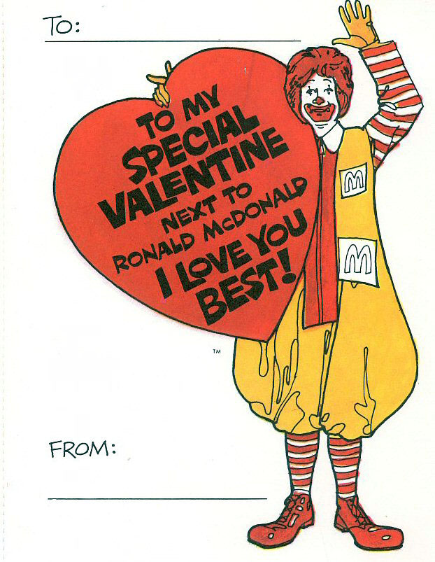 Ronald McDonald Valentine's Day card, circa 1973/1974
