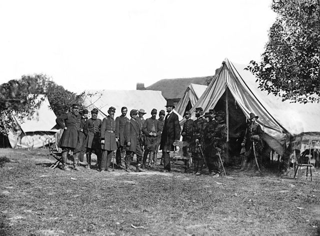 Pred. Lincoln with Maj. Gen. McClellan and staff at the Grove Farm after the Battle of Antietam - October 3, 1862.