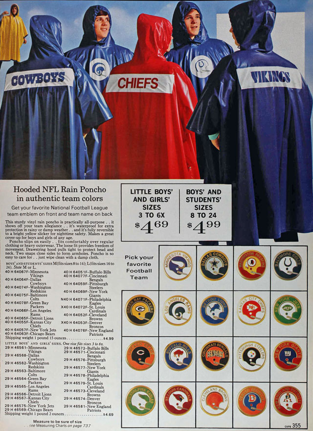 National Football League (NFL) rain ponchos, Sears 1972 fall catalog