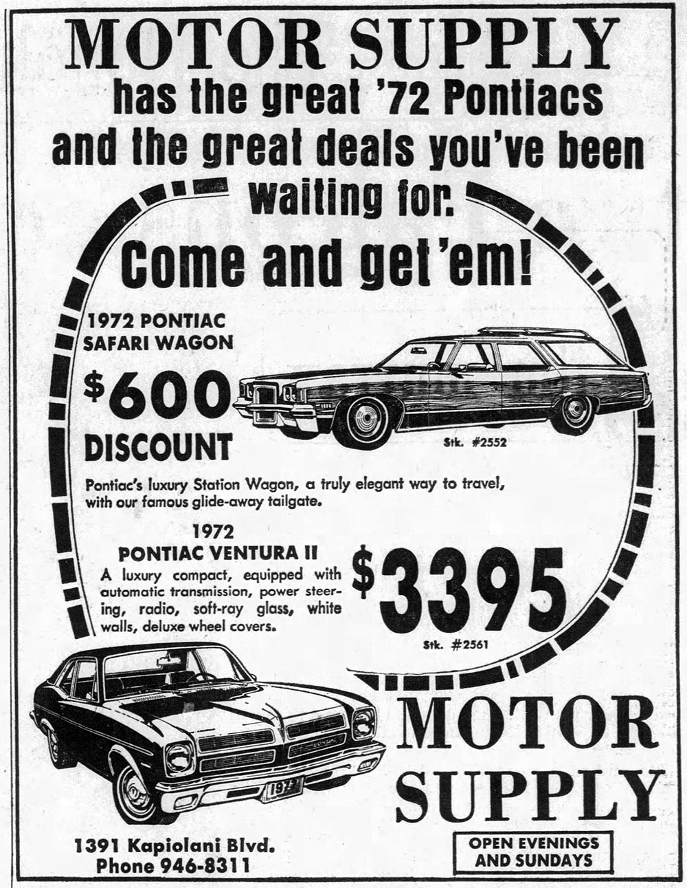 1972 Pontiac Safari and Ventura print advertisement